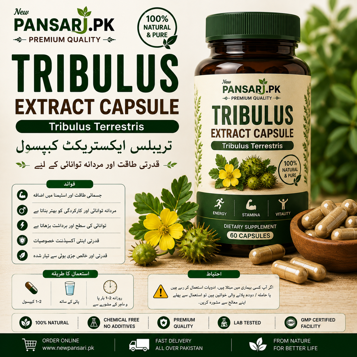 Tribulus Terrestris Extract Capsules – 100% Natural Herbal Supplement